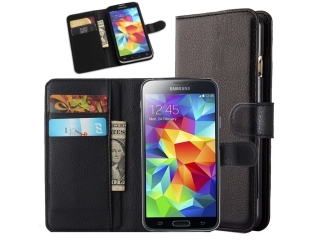 Samsung Galaxy S5 Ledertasche Portemonnaie Etui Schutzhülle - schwarz