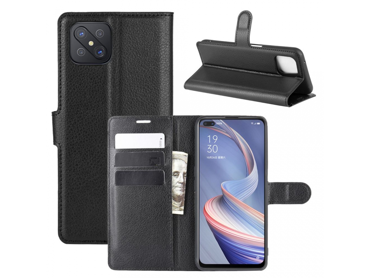 TANYO Leder Folio Hülle Für Oppo Reno4 Z 5G – Flip Case Mit Kartenfächern, Magnetverschluss & Ständerfunktion, Schwarz