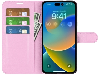 Apple iPhone 14 Pro Lederhülle Portemonnaie Karten Etui rosa