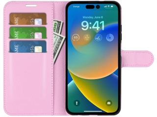 Apple iPhone 14 Pro Max Lederhülle Portemonnaie Karten Etui rosa