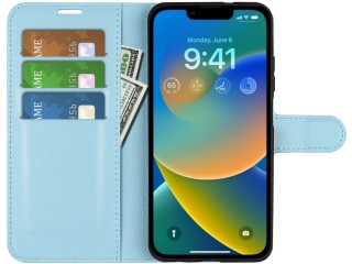 Apple iPhone 14 Lederhülle Portemonnaie Karten Etui hellblau