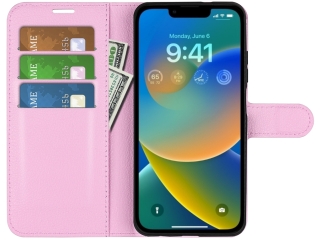 Apple iPhone 14 Lederhülle Portemonnaie Karten Etui rosa
