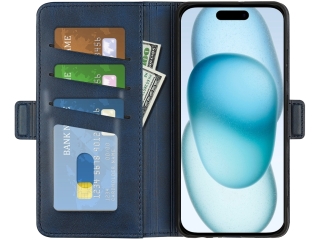 Apple iPhone 15 Leder Hülle Karten Ledertasche dunkelblau