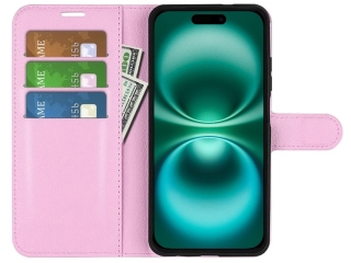 Apple iPhone 16 Lederhülle Portemonnaie Karten Etui rosa