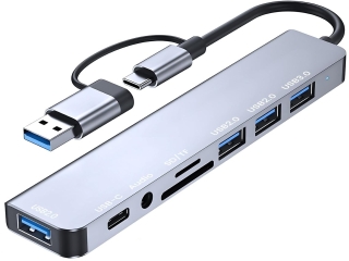 8-in-1 USB-C, USB-A Hub Multiport OTG Adapter 3.5mm Audio USB SD Card