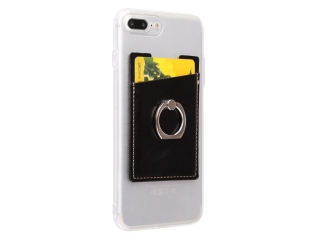 Karten Halterung mit Ring selbstklebend für Handy aus Leder schwarz