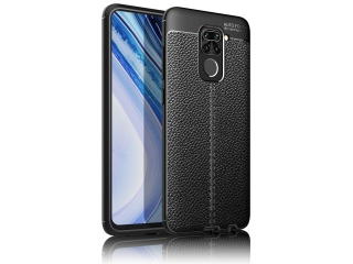 Xiaomi Redmi Note 9 Leder Design Gummi Hülle TPU Cover schwarz