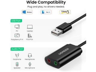 UGREEN Externe USB Soundkarte für 3.5mm Kopfhörer, Headsets, Speakers