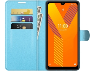 Wiko Y62 Lederhülle Portemonnaie Karten Etui hellblau