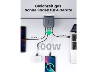 UGREEN 4-Fach USB-C Power Delivery Ladegerät GaN X PD 100 Watt schwarz