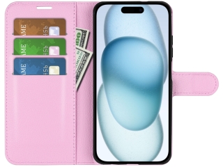 Apple iPhone 15 Lederhülle Portemonnaie Karten Etui rosa