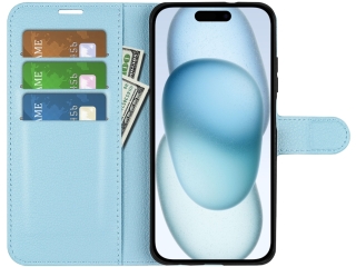 Apple iPhone 15 Lederhülle Portemonnaie Karten Etui hellblau