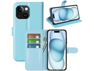Apple iPhone 15 Lederhülle Portemonnaie Karten Etui hellblau