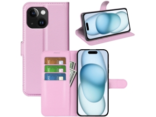 Apple iPhone 15 Plus Lederhülle Portemonnaie Karten Etui rosa