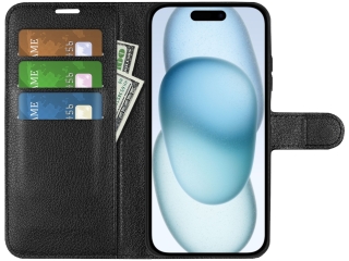 Apple iPhone 15 Plus Lederhülle Portemonnaie Karten Etui schwarz