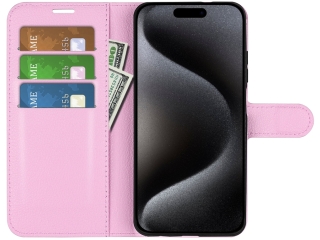 Apple iPhone 15 Pro Lederhülle Portemonnaie Karten Etui rosa