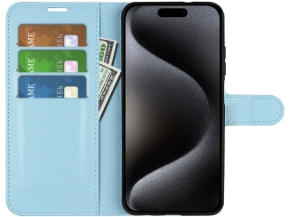 Apple iPhone 15 Pro Lederhülle Portemonnaie Karten Etui hellblau