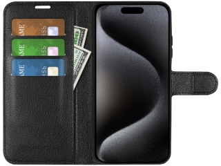 Apple iPhone 15 Pro Lederhülle Portemonnaie Karten Etui schwarz