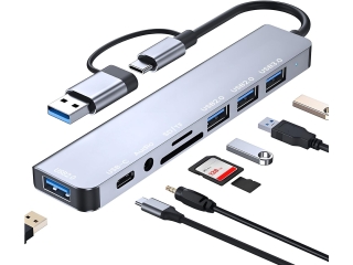 8-in-1 USB-C, USB-A Hub Multiport OTG Adapter 3.5mm Audio USB SD Card