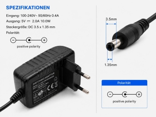 5V 2A Netzteil 10W mit DC 3.5 x 1.35 mm Stecker EU Adapter