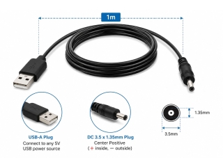 USB-A auf DC 3.5 x 1.35 mm Stromkabel 1 m 5V DC Hohlstecker