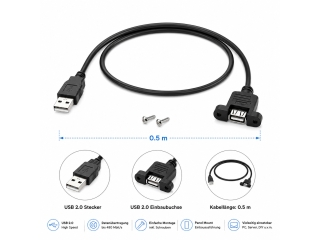 USB 2.0 Einbau-Verlängerungskabel Typ A Buchse auf USB-A Stecker 0.5 m