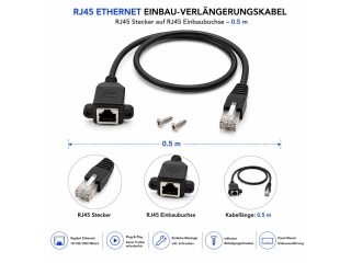 RJ45 Ethernet Einbau-Verlängerungskabel RJ45 Stecker auf Buchse 0.5 m
