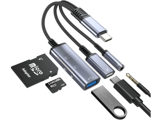 5-in-1 USB-C Cardreader mit USB-A, 3.5mm Klinke und 60W Charge